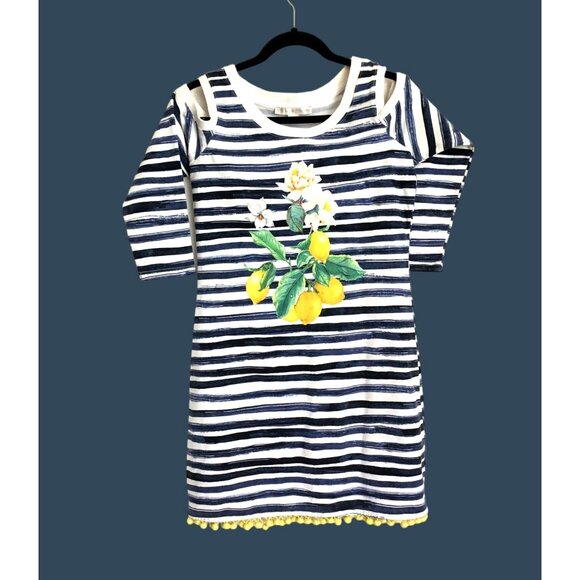 BOSTON PROPER WOMENS NAVY/WHITE/YELLOW GRAPHIC OPEN SHOULDER DRESS SIZE SMALL - Picture 1 of 7